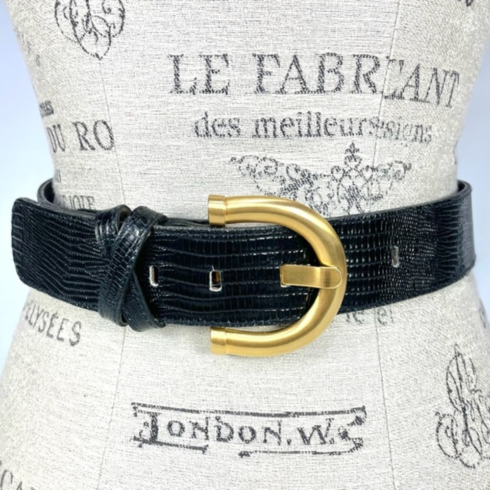 Vintage Robbie Nelson Black Leather Belt Gold Buckle USA Womens 2XL
